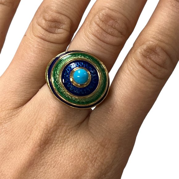 CELLINO 18KT Green and Blue Enamel Vintage Ring - Picture 3 of 11